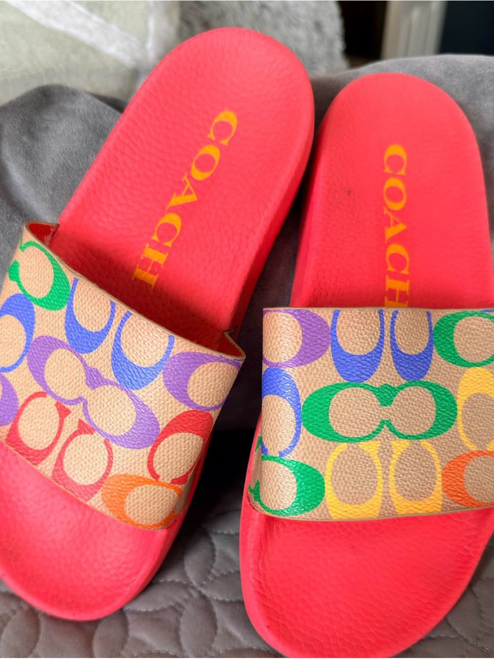 Coach Bright Pink Signature Logo Slide Sandals with Rainbow Strap